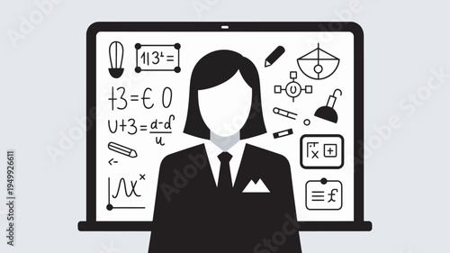 A professional woman in a business suit standing in front of a laptop with educational icons and equations on the screen