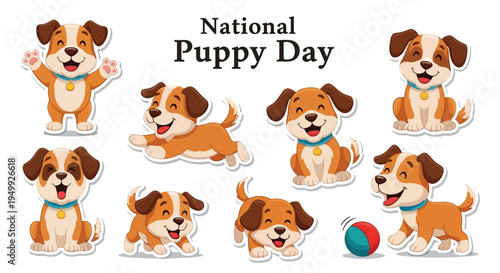 Illustration of adorable puppies celebrating National Puppy Day with playful poses and a ball on a clean white background.