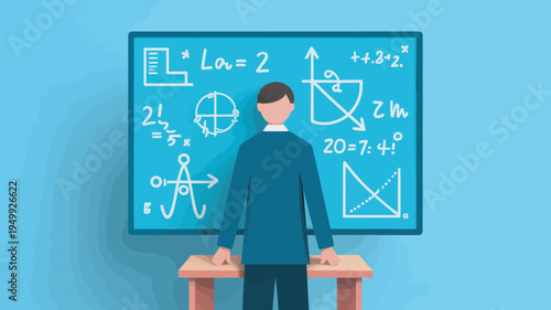 A cartoon man stands in front of a large chalkboard filled with complex mathematical equations and diagrams.