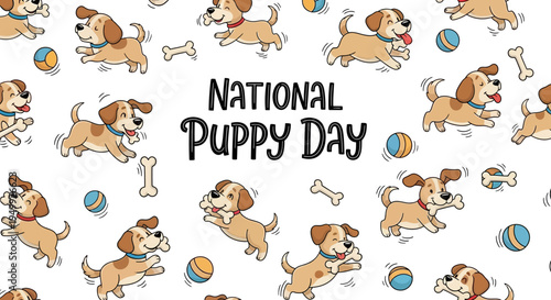Illustration of playful puppies and dog toys celebrating National Puppy Day on a white background with a joyful and lively mood.