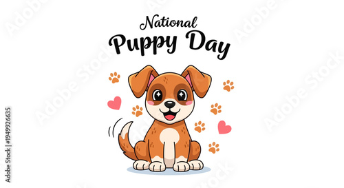 Illustration of a cute brown puppy surrounded by hearts and paw prints celebrating National Puppy Day with a playful and adorable design.