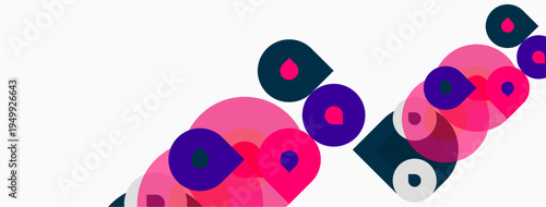 Abstract colorful circles, overlapping shapes create dynamic composition. Pink, purple hues dominate white background. Modern design element.