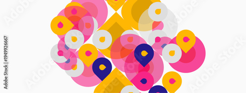 Abstract composition featuring overlapping circles, vibrant colors, playful design. Pink, yellow, purple hues dominate visual space.