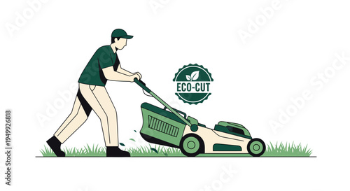Man mowing lawn with eco friendly lawnmower.