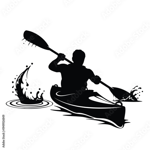 Professional kayaker silhouette rowing fast in spray of river water