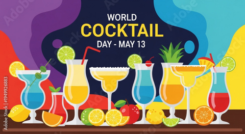 Vibrant cocktails with straws and fruit on a wooden bar world cocktail day may 13 celebration