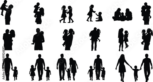 Family silhouettes with parents and children, parenting moments collection, love care support relationship concept isolated people illustration set