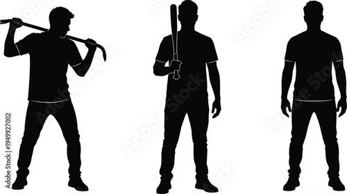 Man silhouette holding baseball bat and crowbar poses, standing male figure set, strength aggression defense concept isolated illustration