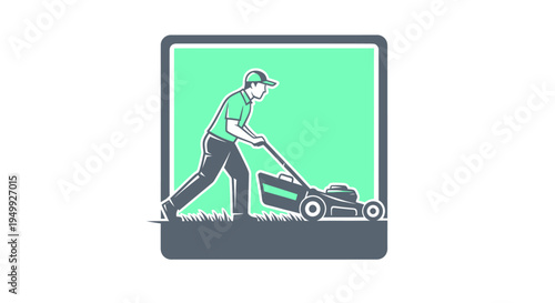 Man Mowing Lawn with Push Mower in Green Square.