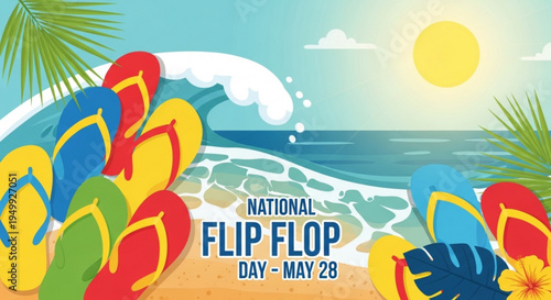 Colorful flip flops on beach for national flip flop day may 28 summer vacation and relaxation concept