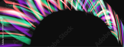 Abstract colorful light streaks form arch shape against black background. Vibrant hues create dynamic visual effect.