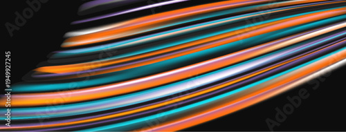 Abstract colorful lines sweep across dark background. Dynamic composition creates modern visual impact. Bright hues contrast with shadows.