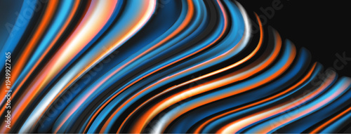 Abstract waves, vibrant colors, dynamic flow. Smooth curves create modern visual impact. Orange, blue hues dominate composition.