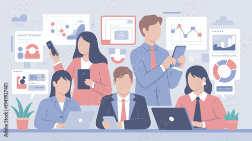 A group of business professionals working together in an office with laptops and mobile devices surrounded by data analysis and market research graphics