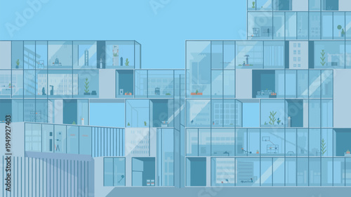 A modern glass office building with a unique architectural design under a clear blue sky