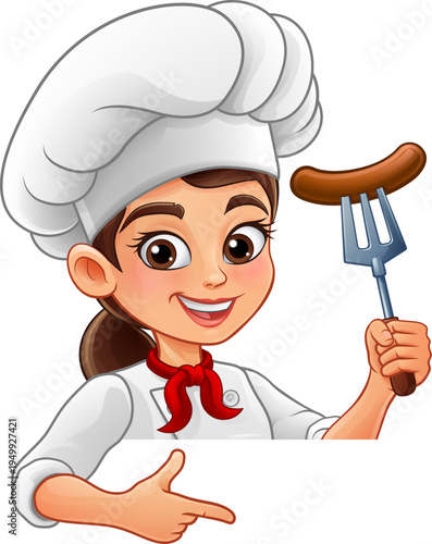 Happy chef woman in a tall hat holding a fork tool with sausage and pointing at blank sign, excellent for restaurant ads, barbecue promotions, cooking school, or delivery branding.