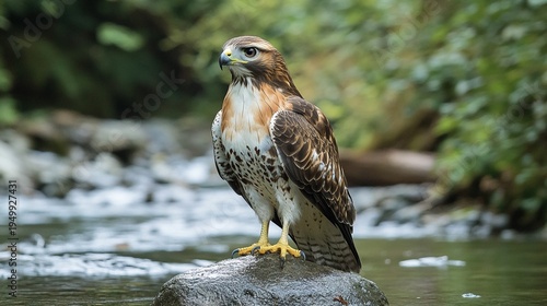 Wallpaper Mural Red tailed hawk perched on rock by river with lush greenery in background looking alert and majestic Torontodigital.ca