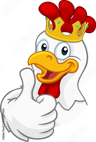 A chicken rooster cockerel bird cartoon character in a kings gold crown giving a thumbs up