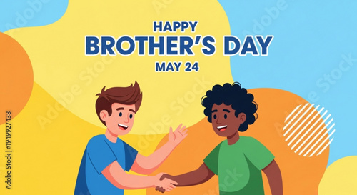 Brothers shaking hands on colorful brother's day poster with cheerful cartoon characters