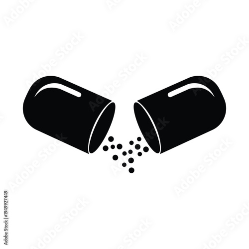 Black and white illustration of two capsules spilling out small pellets
