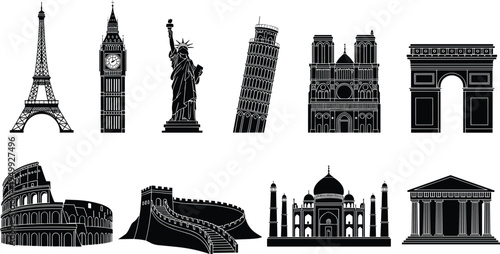 Black silhouettes of famous world landmarks including Eiffel Tower Big Ben Statue of Liberty Colosseum Taj Mahal and Parthenon isolated on white background vector illustration collection