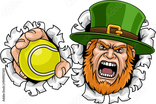 An angry Leprechaun Celtic Irish cartoon character holding Tennis ball sports team mascot illustration.