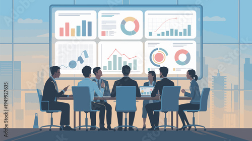A group of business professionals sitting around a conference table analyzing data and graphs on a large screen in a modern office.