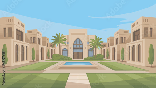 A serene and luxurious Middle Eastern-style resort with a large pool and beautifully manicured lawns