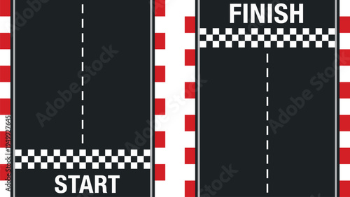 Race Track Start and Finish Line Vector Set with Checkered Pattern and Red White Curbs