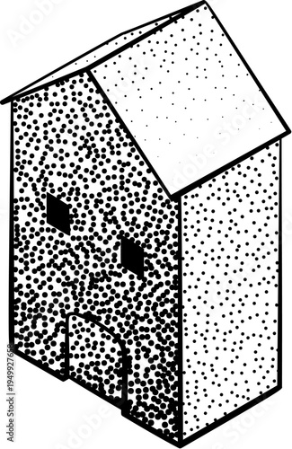 A medieval building map icon isometric illustration in a vintage retro engraved woodcut dots etching style