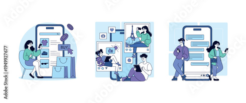 Vector Illustration of Online Shopping and Social Media Interaction