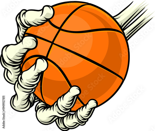 A grim reaper or death skeleton sports team or Halloween event mascot hand holding a basketball ball