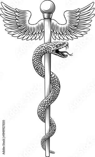 Rod of Asclepius staff medical symbol. Snake around rod or wooden staff. Often mistakenly called Caduceus. Doctor medicine and health care icon. Vintage woodcut etching style. Also features wings.