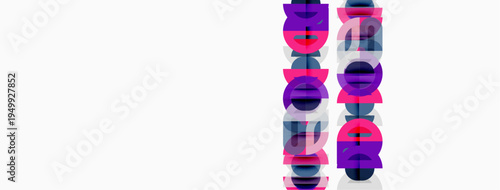 Abstract design features repeating circular elements. Purple, pink hues dominate white background. Modern, minimalist aesthetic.