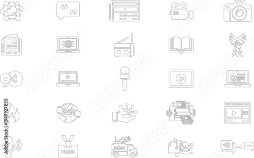 Media communication and journalism concept with news camera microphone broadcast radio laptop article and digital press network