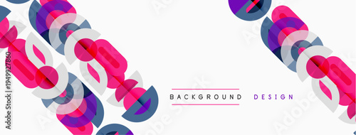 Abstract geometric shapes overlap, creating vibrant pattern. Pink, purple, blue hues dominate white backdrop. Modern design element.