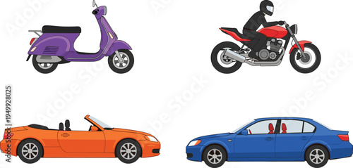 Vehicle transportation set with scooter motorcycle convertible car and sedan automobile vector illustration isolated on white background