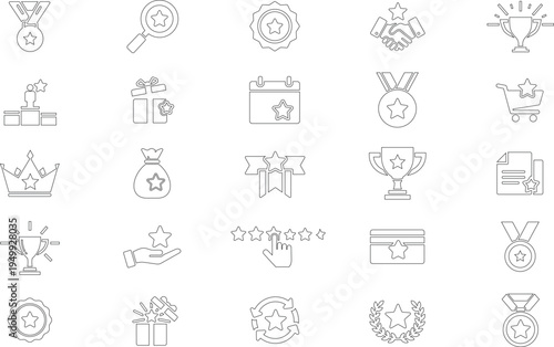 Reward achievement and winner prize concept with star trophy medal gift bonus loyalty and customer recognition symbols