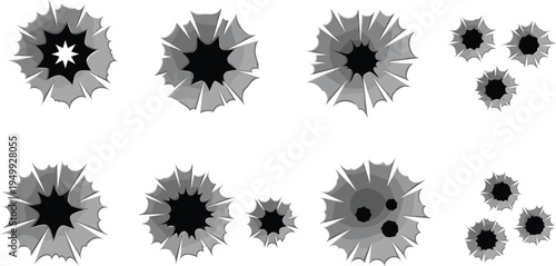 Bullet hole impact collection vector set with shattered glass cracks isolated on white background realistic gunshot damage effects illustration pack for design