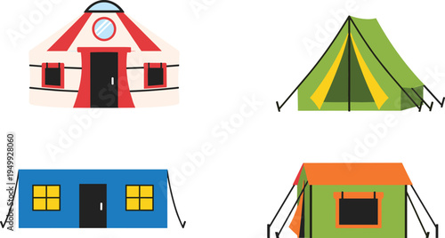Camping tents and yurt shelter collection vector illustration outdoor adventure camp equipment icons isolated on white background