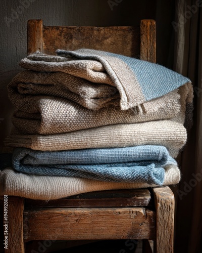 Warm wool blankets stacked on an old wooden chair, rustic winter comfort concept.