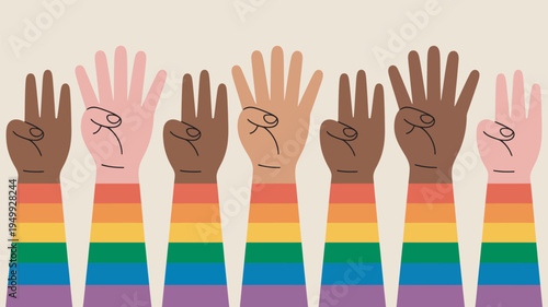 A diverse group of people showing unity and support for the LGBTQ+ community with raised hands and rainbow sleeves