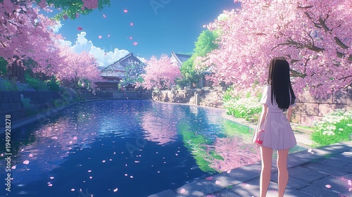 Wallpaper Mural Woman standing by serene reflecting pool in garden with vibrant pink cherry blossoms and lush greenery on sunny day Torontodigital.ca