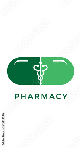 Green pharmacy capsule with medical symbol.