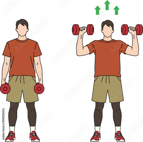 Dumbbell shoulder press exercise vector illustration showing man performing strength training workout for upper body fitness isolated background guide