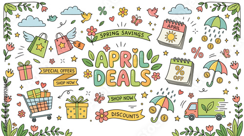 April Deals  Spring Savings - Doodled Icons for E-commerce Promotions