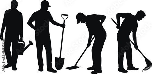 Gardener and farmer silhouettes working with shovel, rake and watering can, agriculture workers in gardening poses isolated on white background vector set