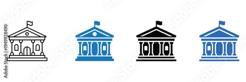 Government icon set, vector symbols of administrative buildings, law, public services, and official functions