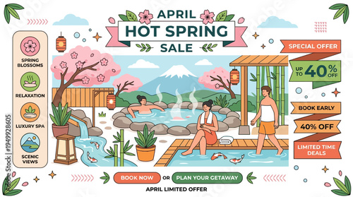 April Hot Spring Sale Japanese Spa Resort with Cherry Blossoms and Snow-Capped Mountain