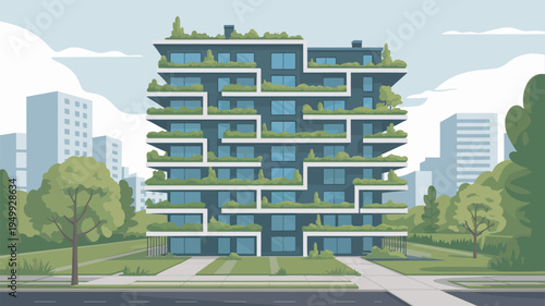 A modern eco-friendly residential building with green balconies in a serene urban landscape